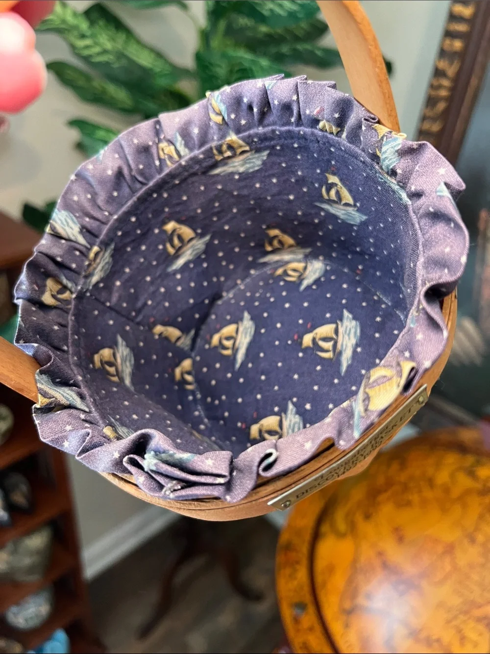 Vintage Longaberger 1492-1992 Discovery Basket with Nautical Ships Fabric Liner